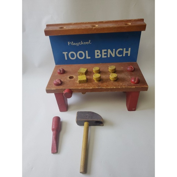 Playskool Vintage Tool Bench with Hammer Pegs brown red and blue, 9 Removable pi - Picture 7 of 11